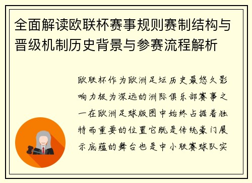 全面解读欧联杯赛事规则赛制结构与晋级机制历史背景与参赛流程解析